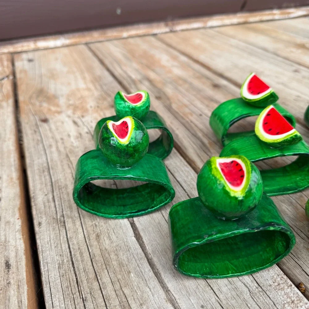 Handmade Watermelon Napkin Rings Set of 8 Green Red Summer Fruit Decor